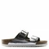Birkenstock Women's Arizona Softbed Leather In Metallic Silver (Narrow Width)